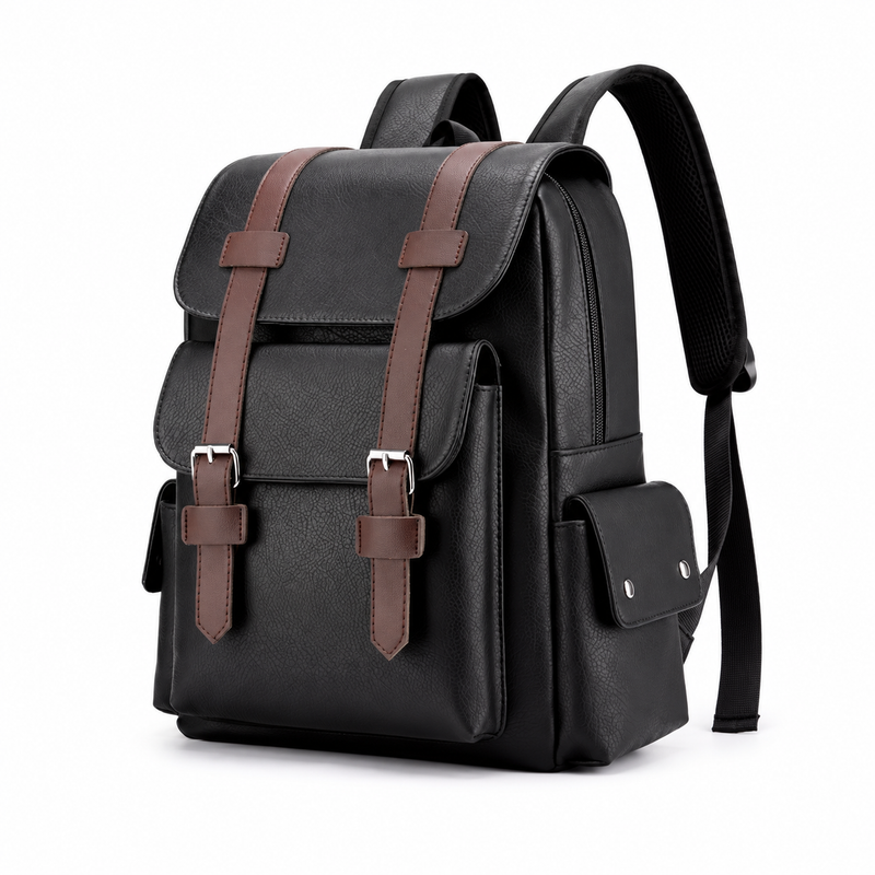 Black Vintage Backpack With Brown Straps-3