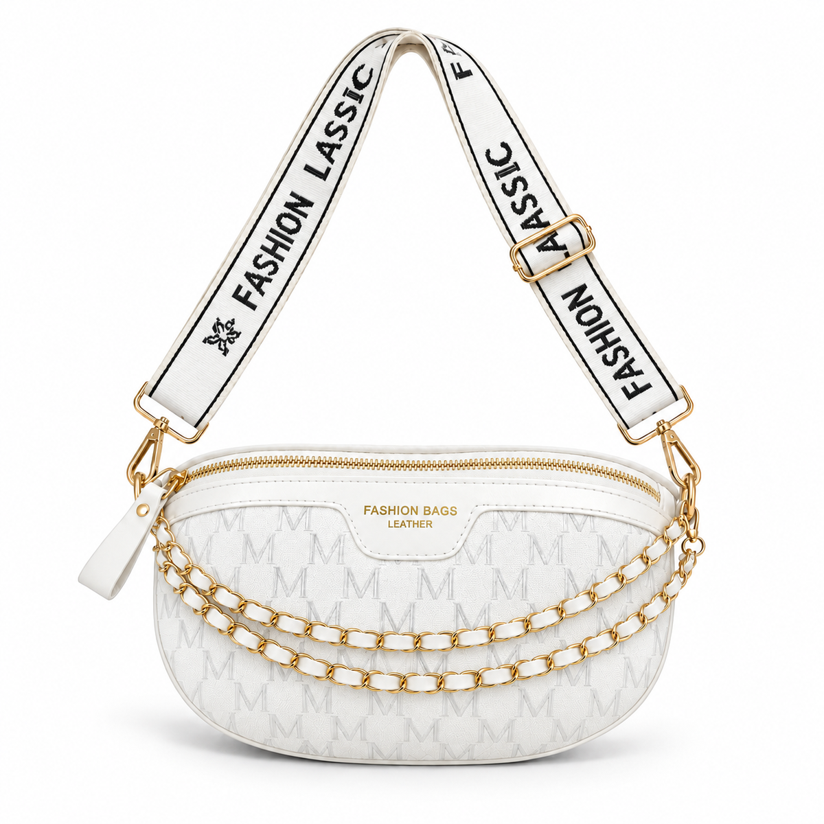 White Monogram Crossbody Bag With Chains-1
