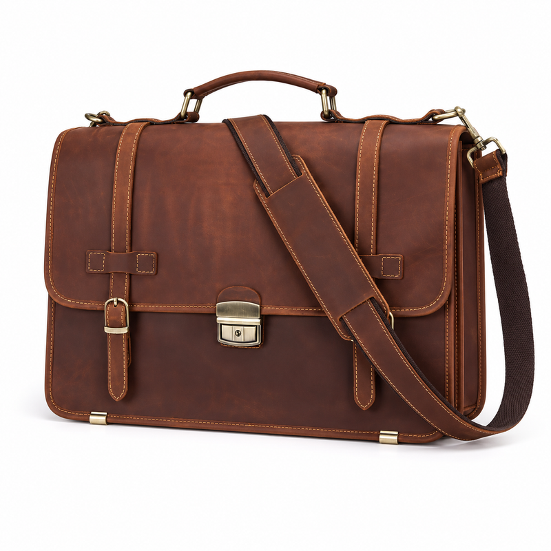Vintage Brown Leather Briefcase With Lock-4