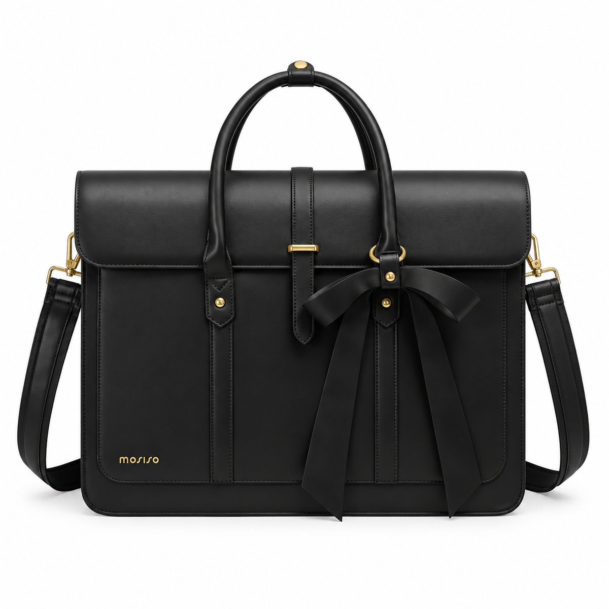 Black Leather Laptop Bag With Bow-4