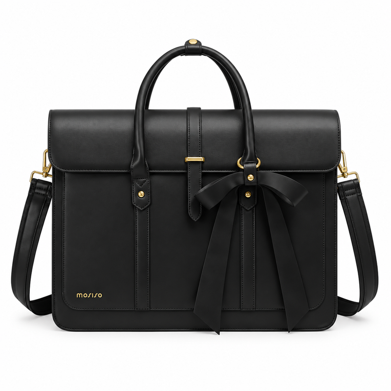 Black Leather Laptop Bag With Bow-4