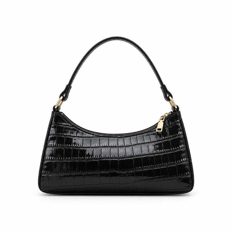 Glossy Croc Embossed Black Shoulder Bag-4