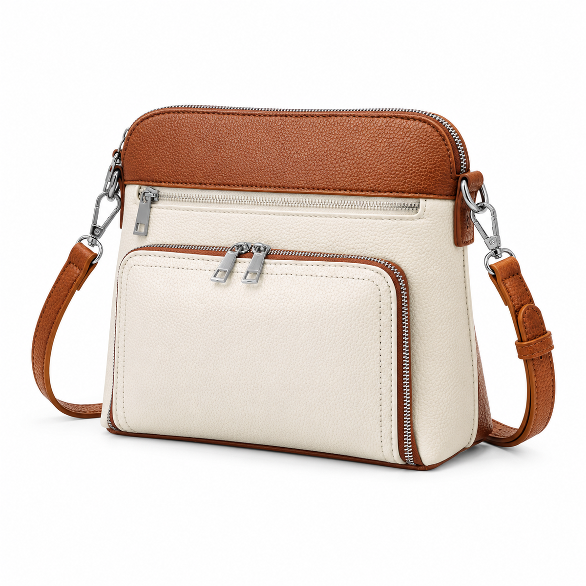 Cream And Brown Zippered Crossbody Bag-3