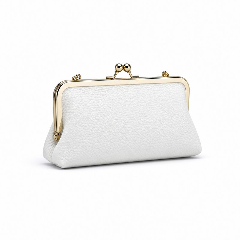 White Pebbled Leather Kiss-Lock Clutch Purse-1