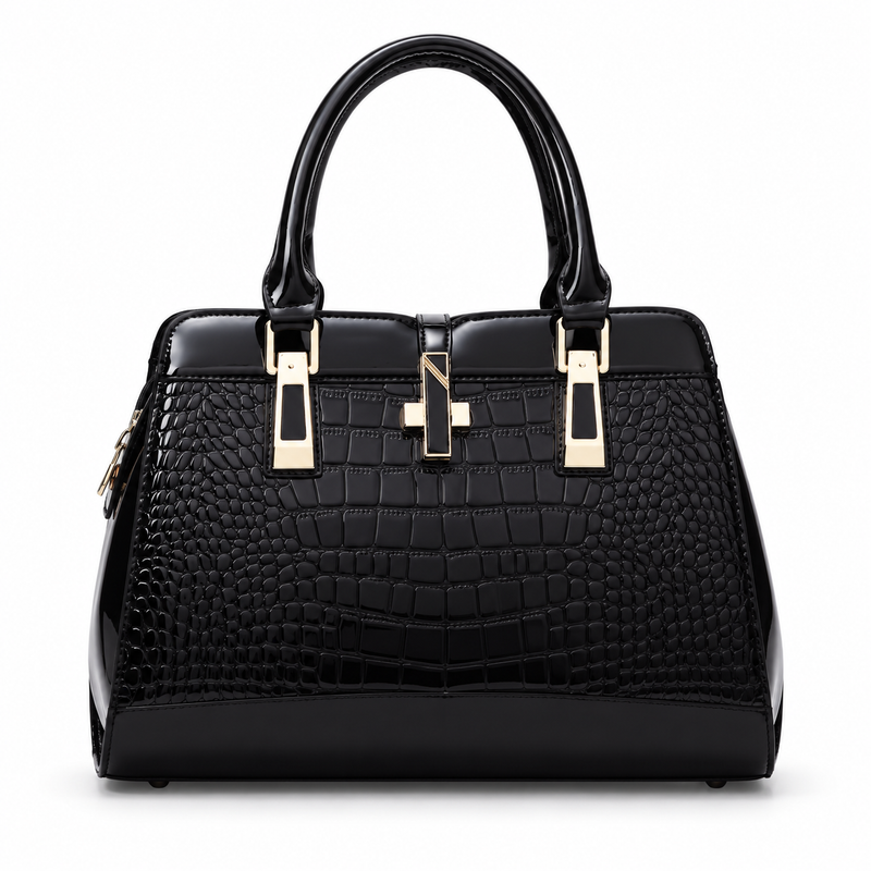 Elegant Black Crocodile Embossed Structured Handbag-3