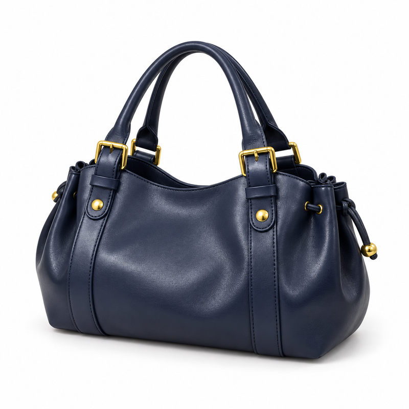Navy Blue Boston Bag With Buckles-3