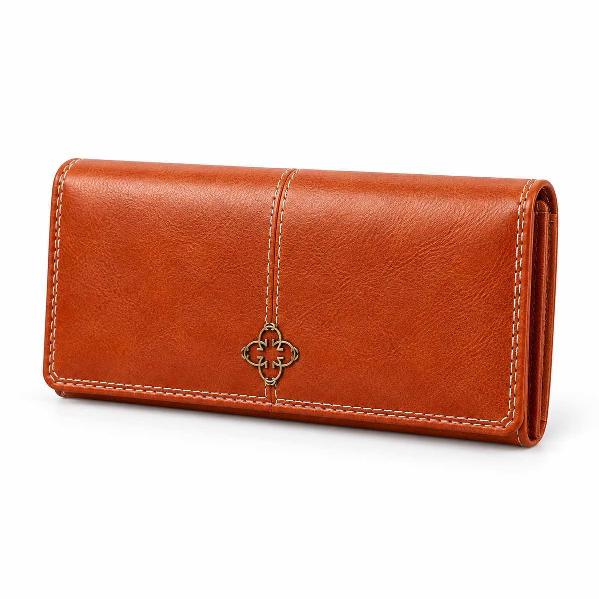 Cognac Long Wallet With Clover Detail-3