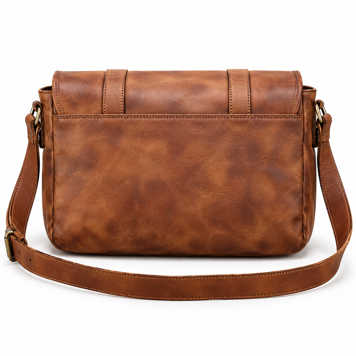 Vintage Brown Leather Double Buckle Satchel-3