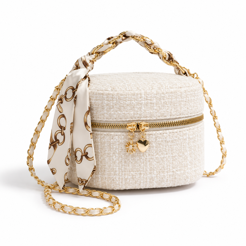 Ivory Textured Crossbody Bag With Scarf-4