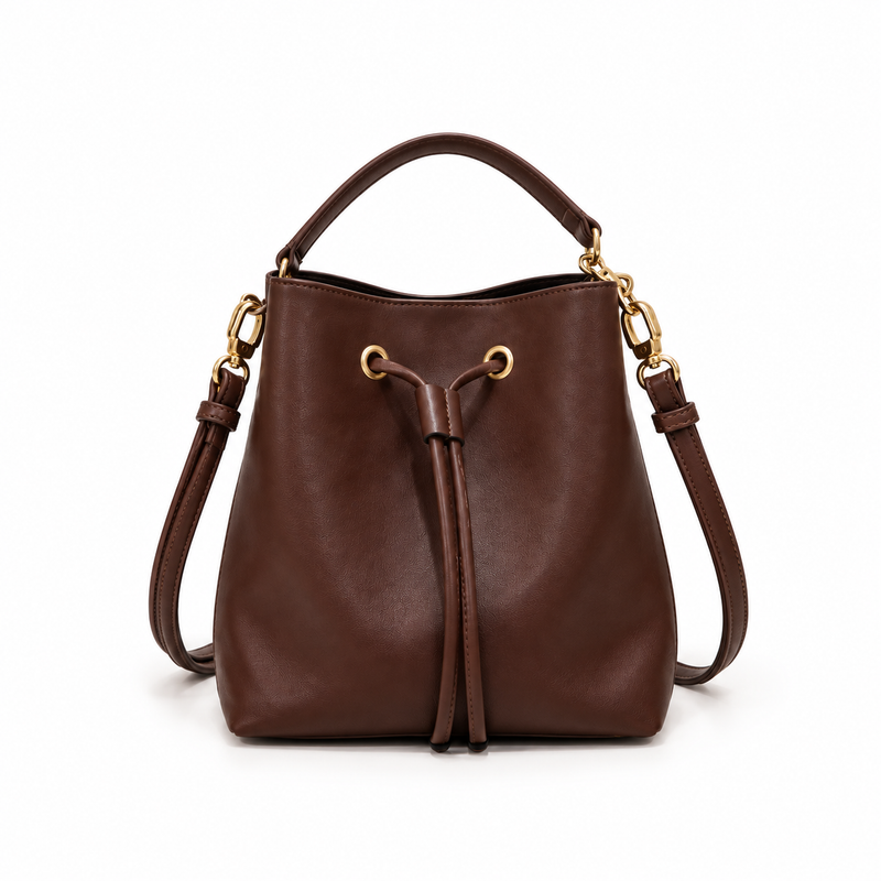 Elegant Brown Drawstring Bucket Shoulder Bag-3