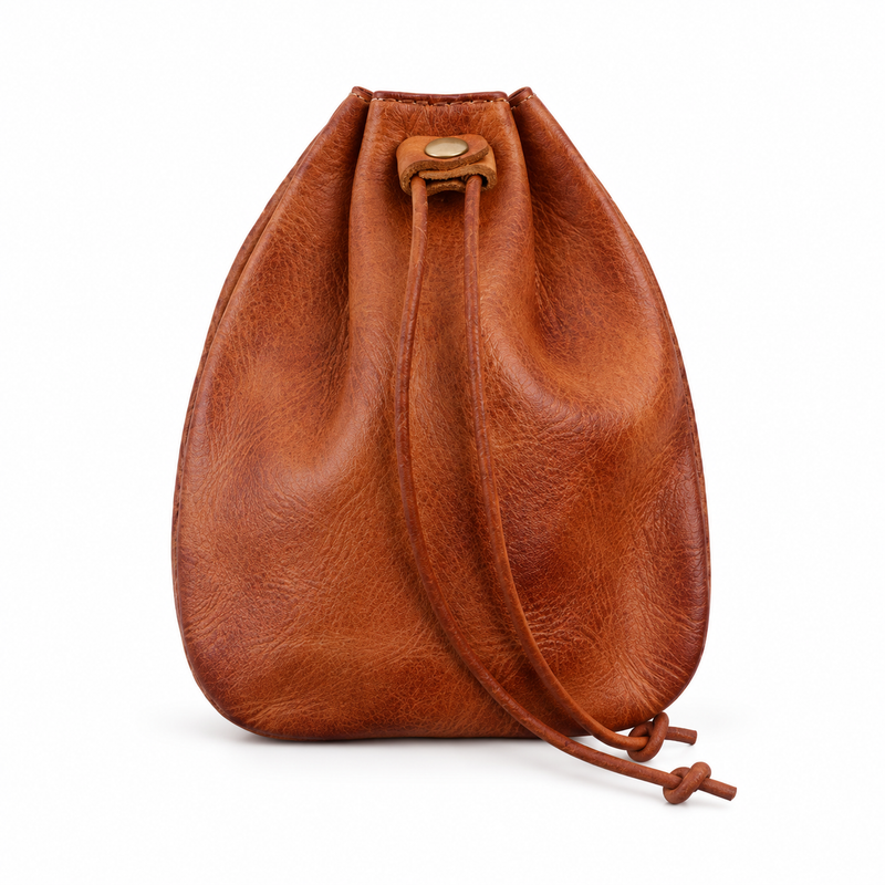 Vintage Brown Vegan Leather Drawstring Bag-3