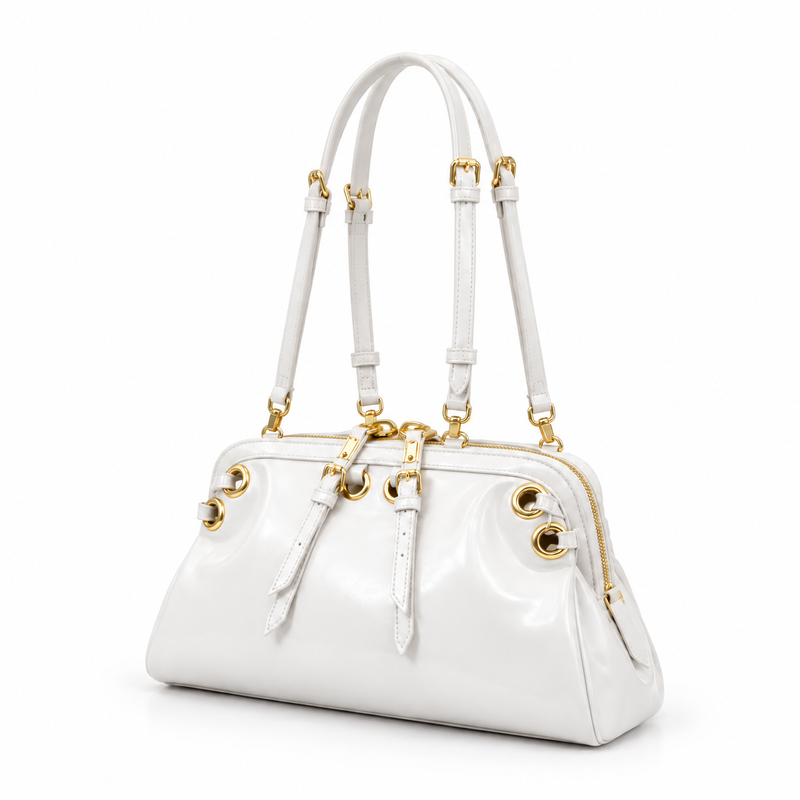 Elegant White Glossy Gold Hardware Handbag-3