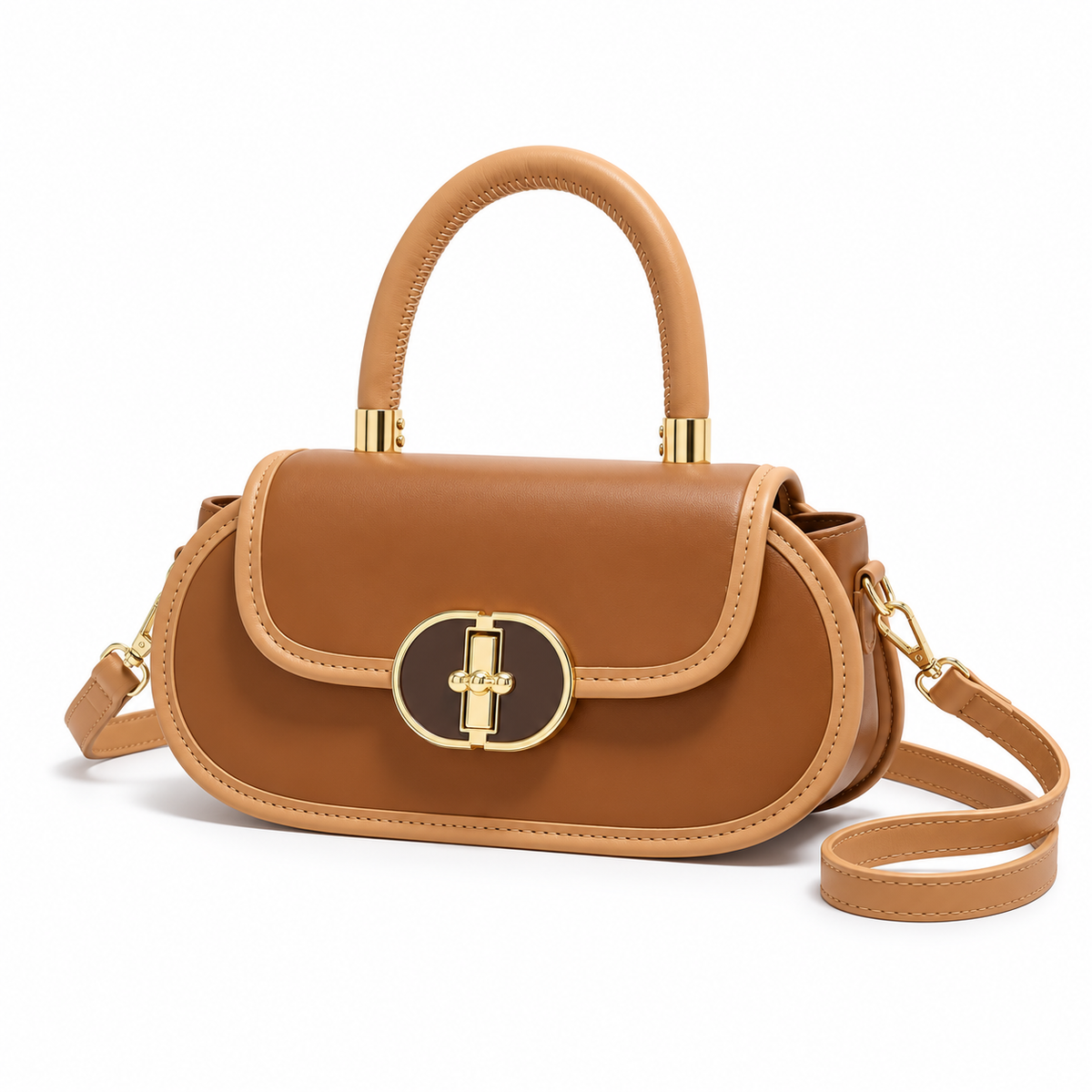 Tan Brown Leather Turnlock Satchel Bag