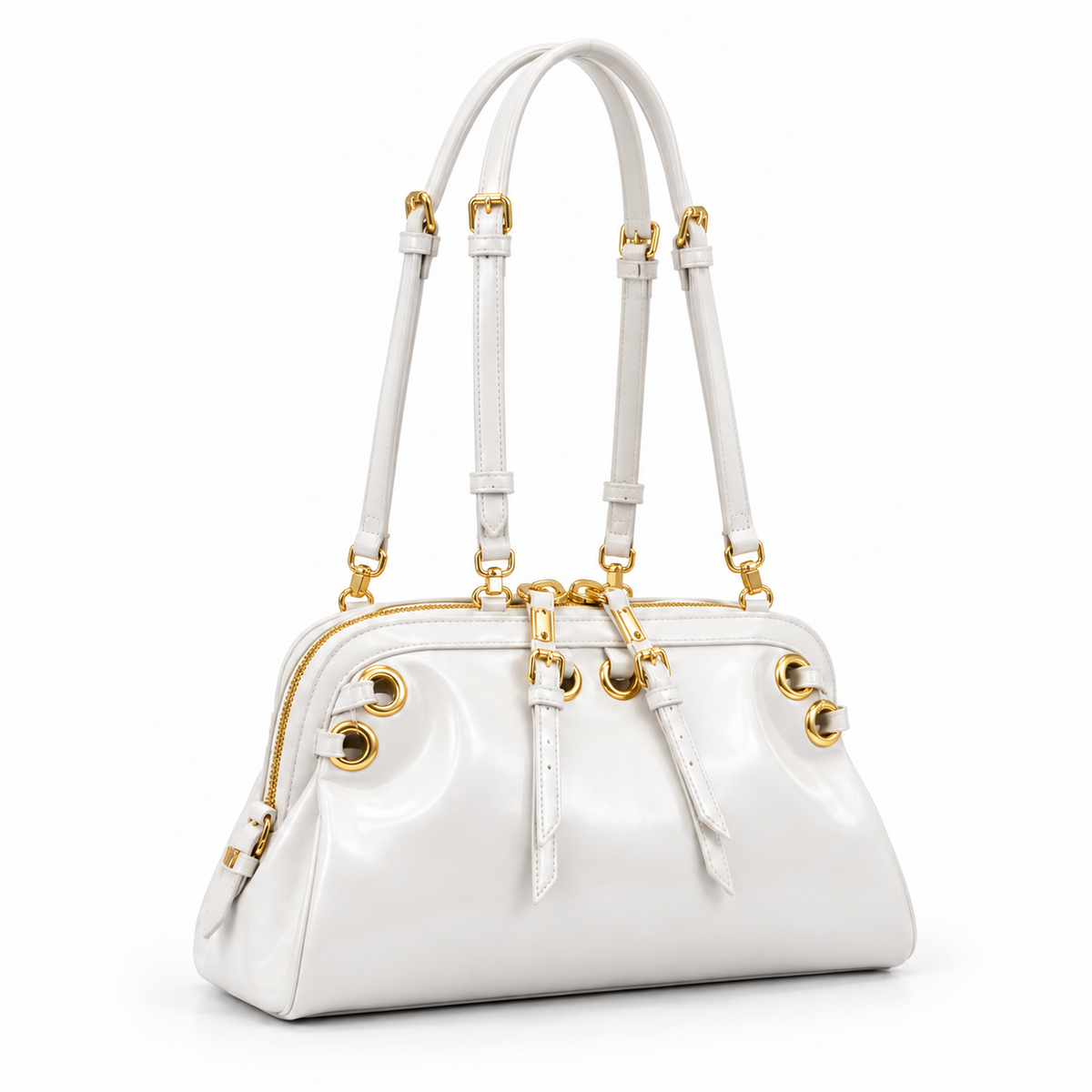 Elegant White Glossy Gold Hardware Handbag-1