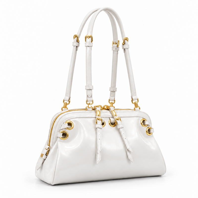 Elegant White Glossy Gold Hardware Handbag-1