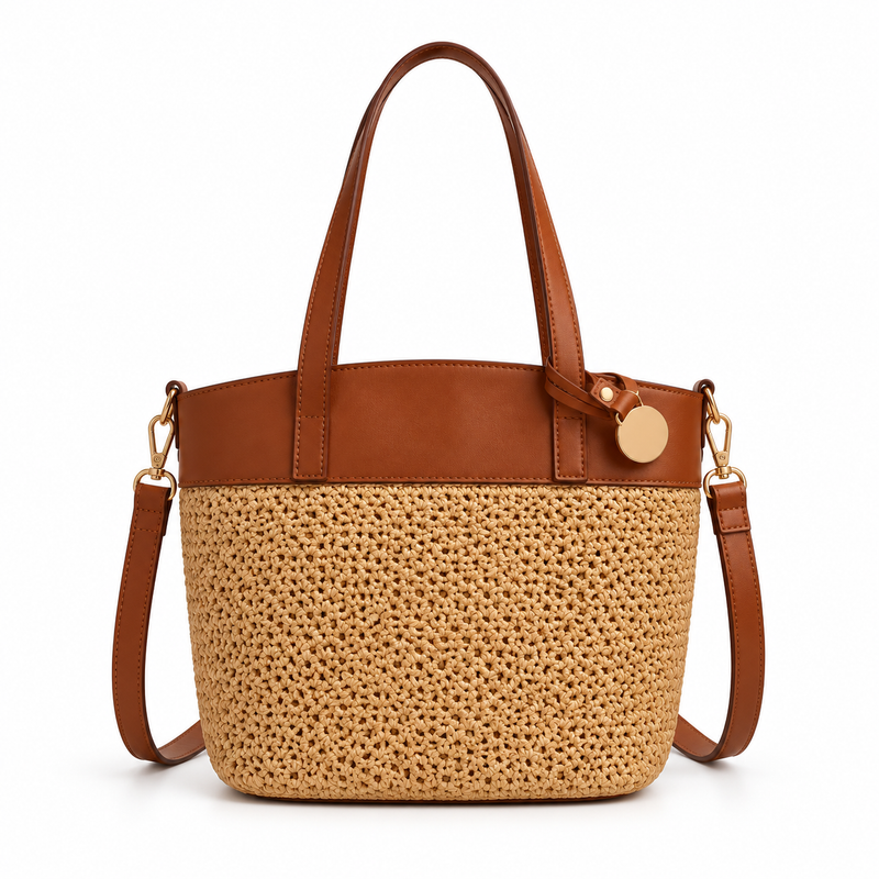 Elegant Woven Tote With Brown Trim-2