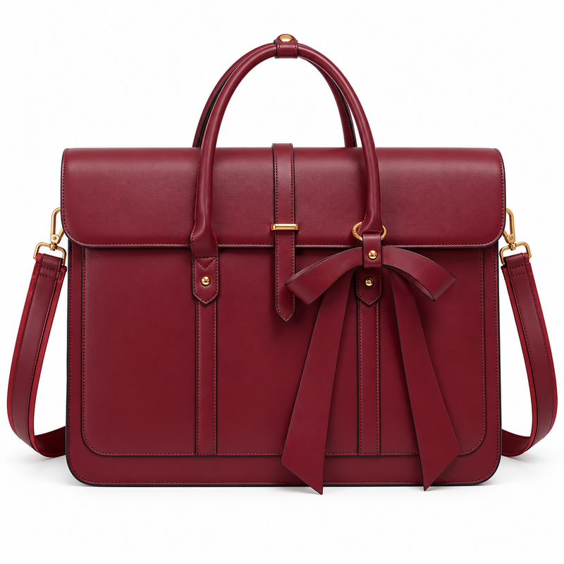 Burgundy Bow Detail Leather Laptop Bag-4