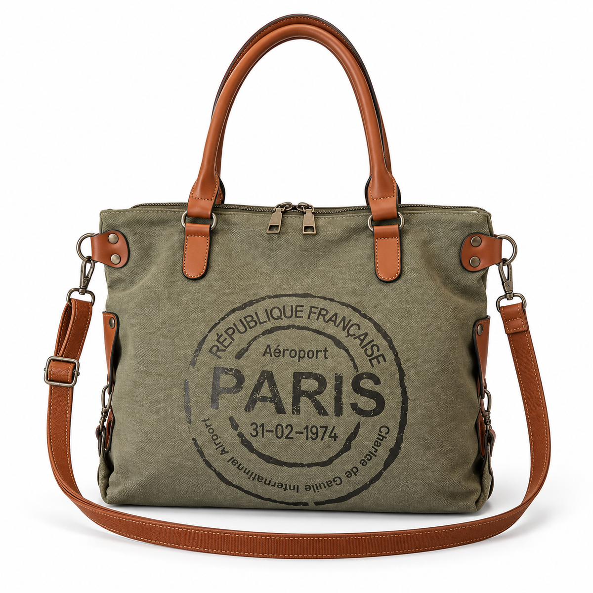 Olive Canvas Leather Paris Tote Bag-3