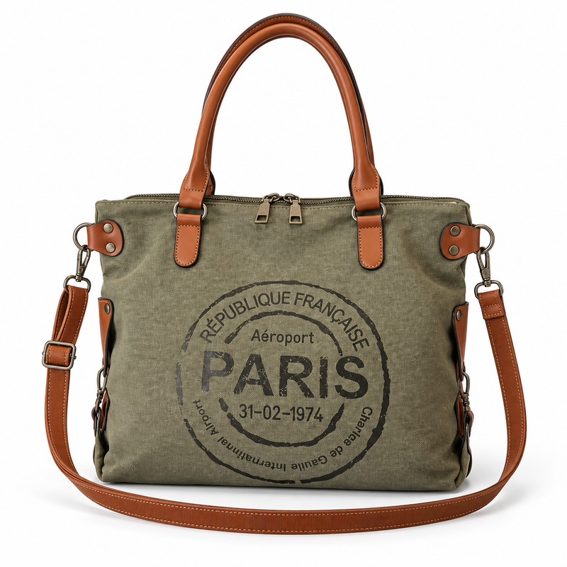 Olive Canvas Leather Paris Tote Bag-3