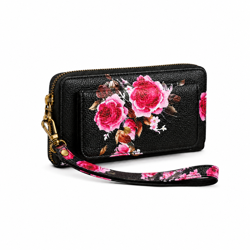 Black Floral Print Zip-Around Wristlet Wallet-1
