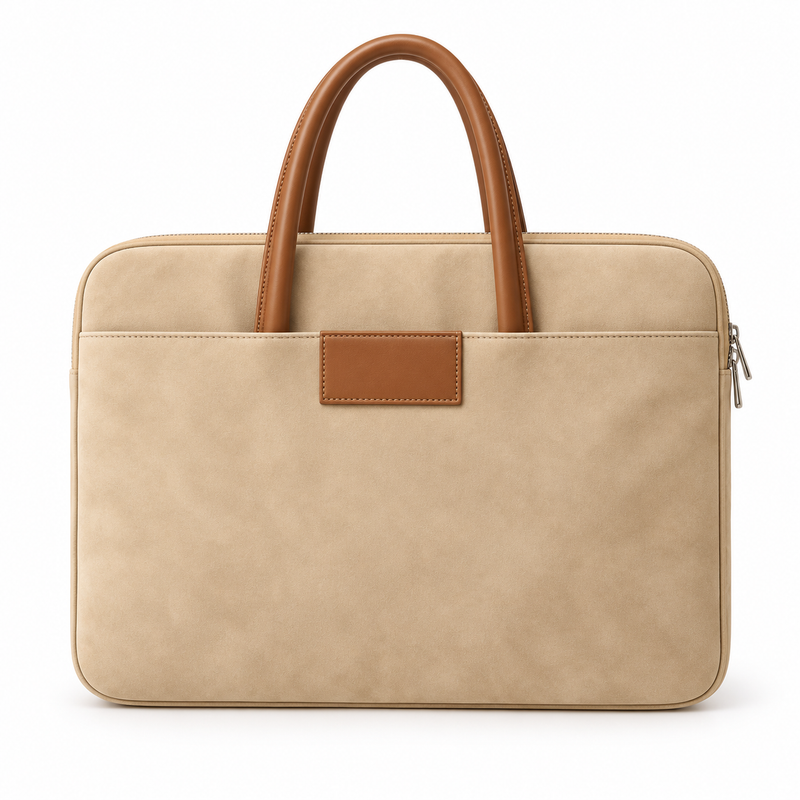 Beige Leather Laptop Bag With Handles-4