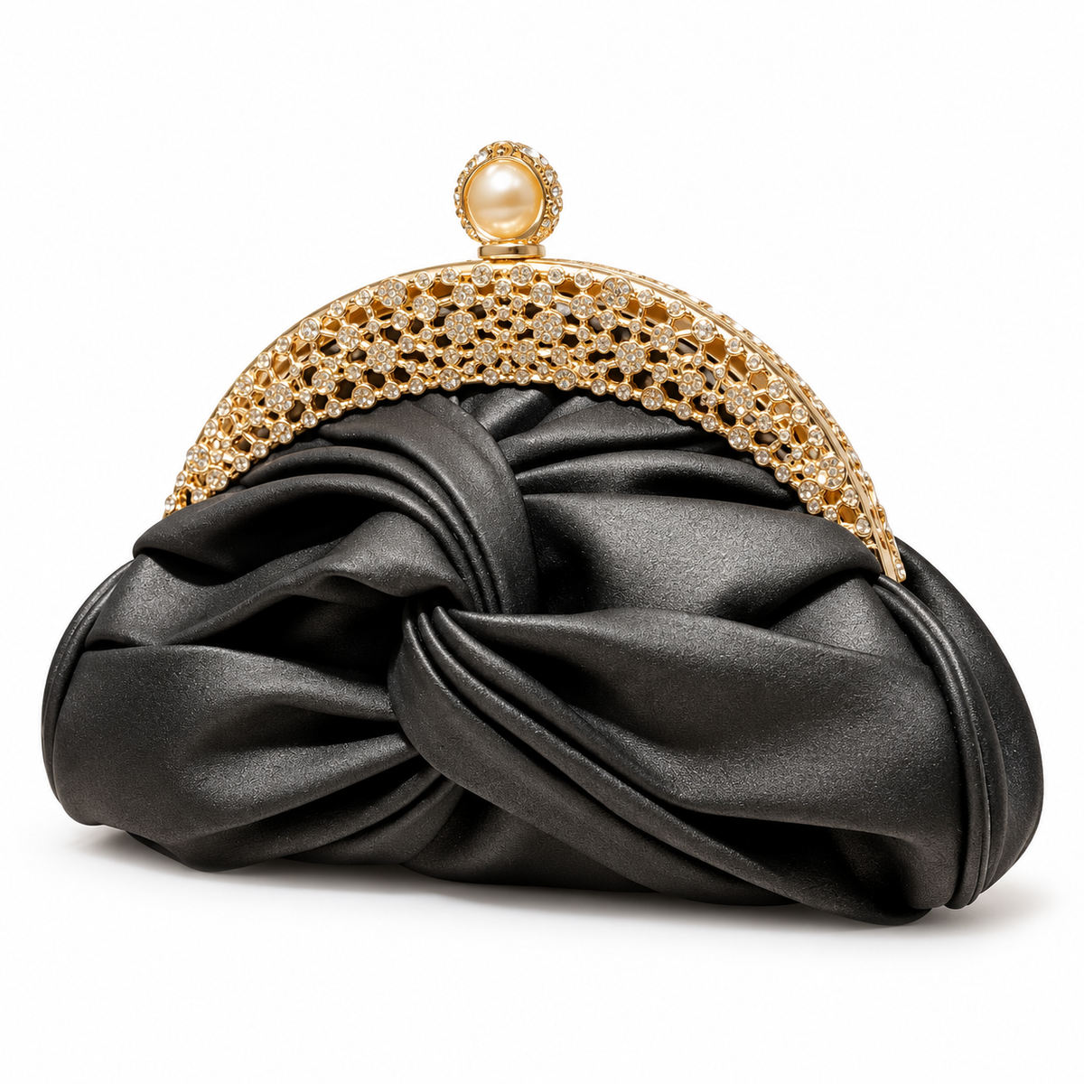 Black Ruched Crystal Frame Evening Clutch-3