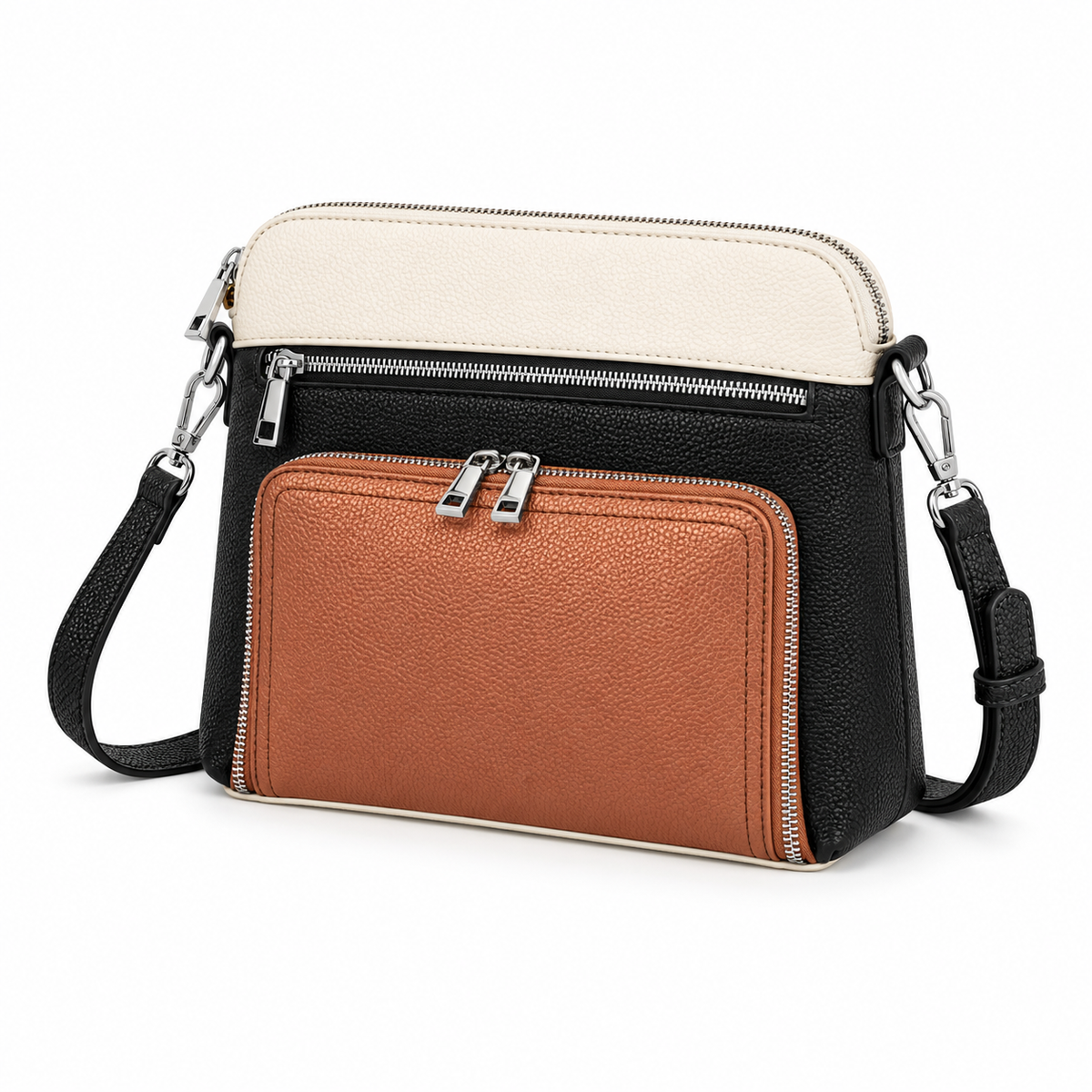 Black Cream Brown Textured Crossbody Bag-2