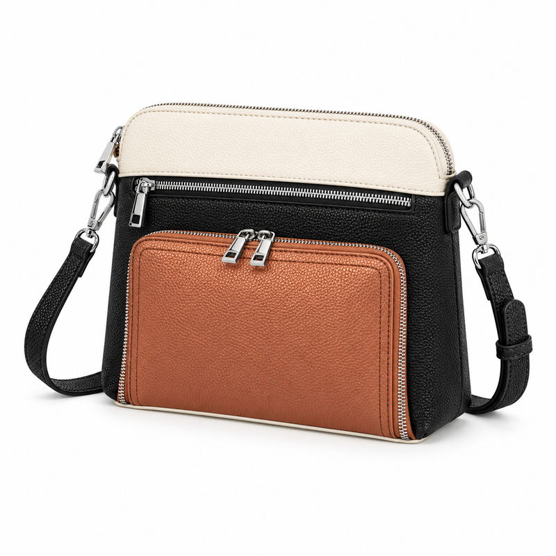 Black Cream Brown Textured Crossbody Bag-2