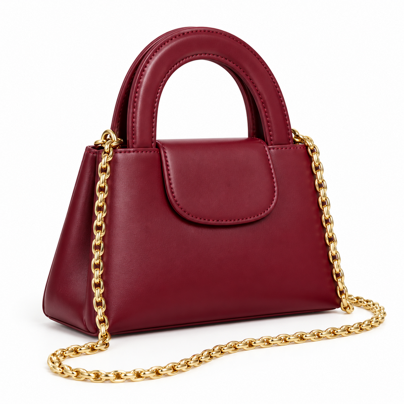 Burgundy Vegan Leather Chain Handle Handbag-1