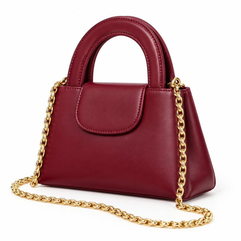Burgundy Vegan Leather Chain Handle Handbag-4