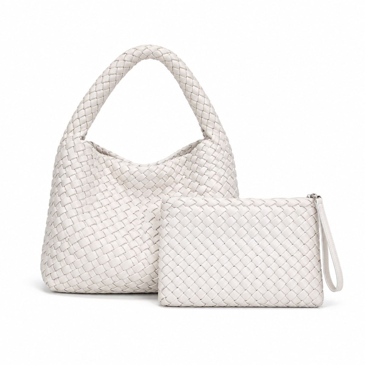 Ivory Woven Shoulder Bag With Pouch-2
