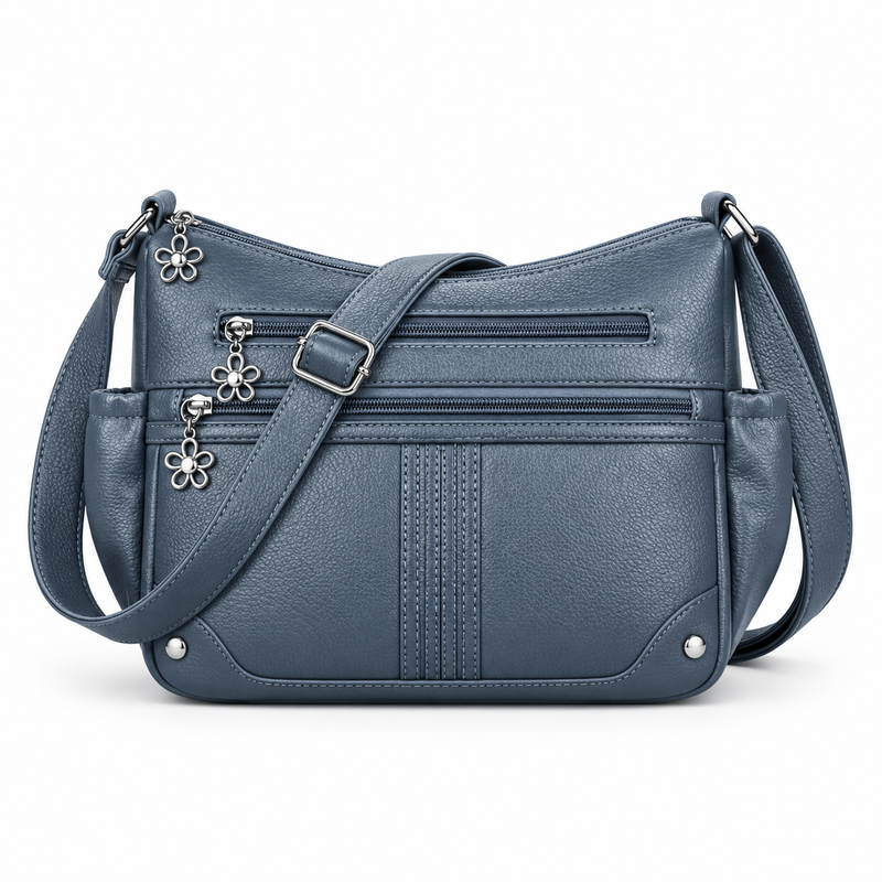 Grey Blue Satchel Bag With Zippers-4