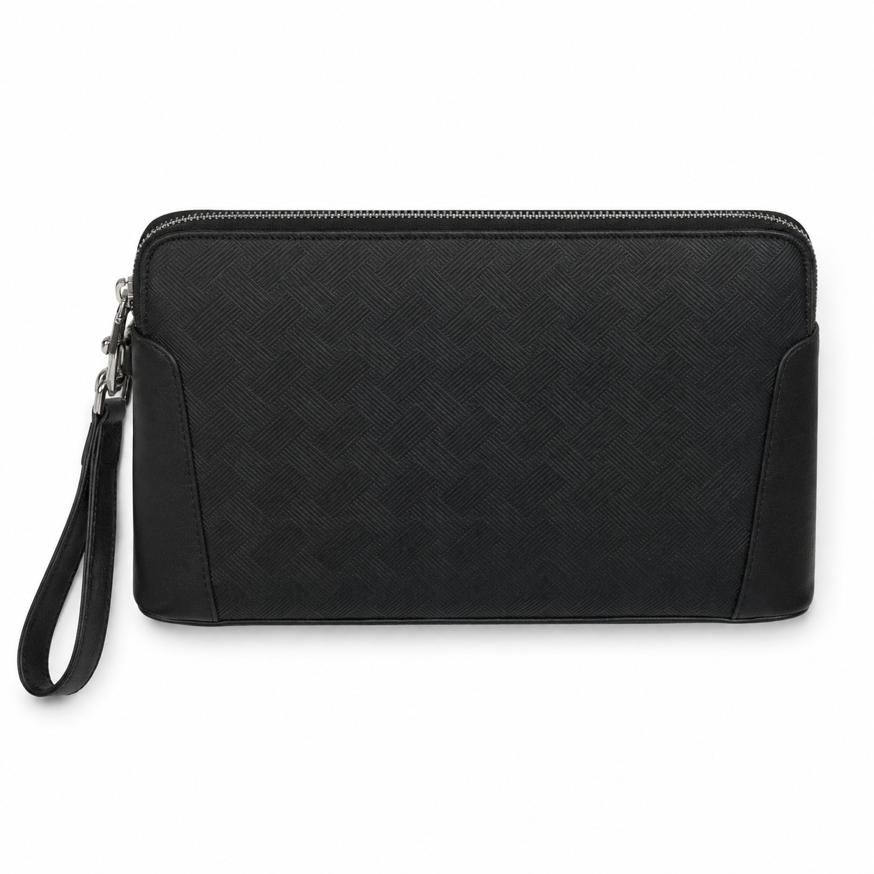 Men’s Black Textured Leather Wristlet Clutch Bag with Zipper-1