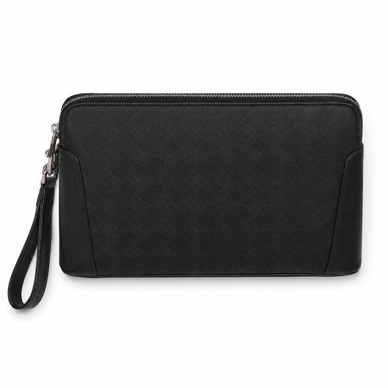 Men’s Black Textured Leather Wristlet Clutch Bag with Zipper-1