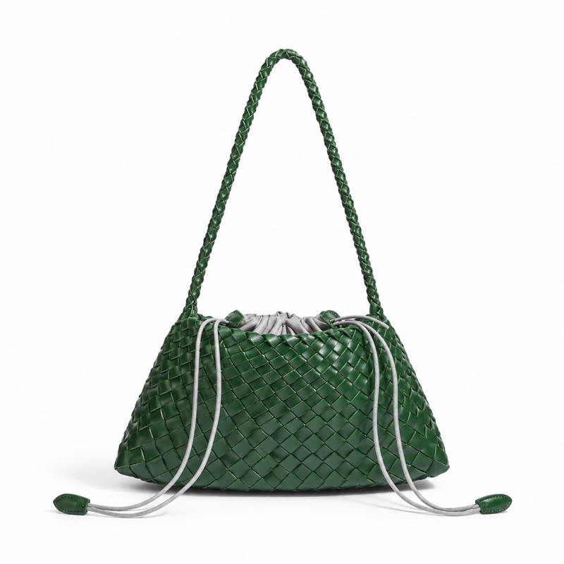 Forest Green Woven Drawstring Shoulder Bag-2