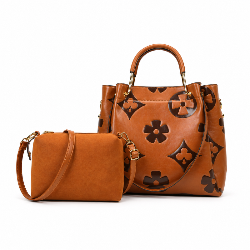 Brown Floral Embossed Tote Crossbody Set-6