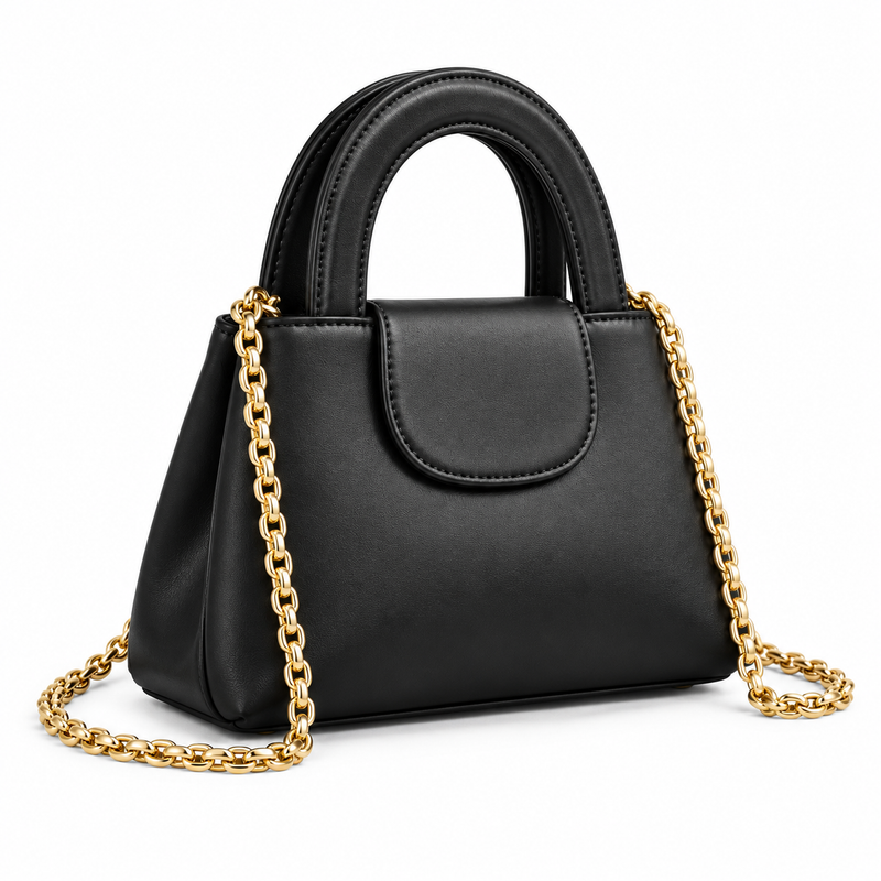 Black Vegan Leather Chain Handle Handbag-1