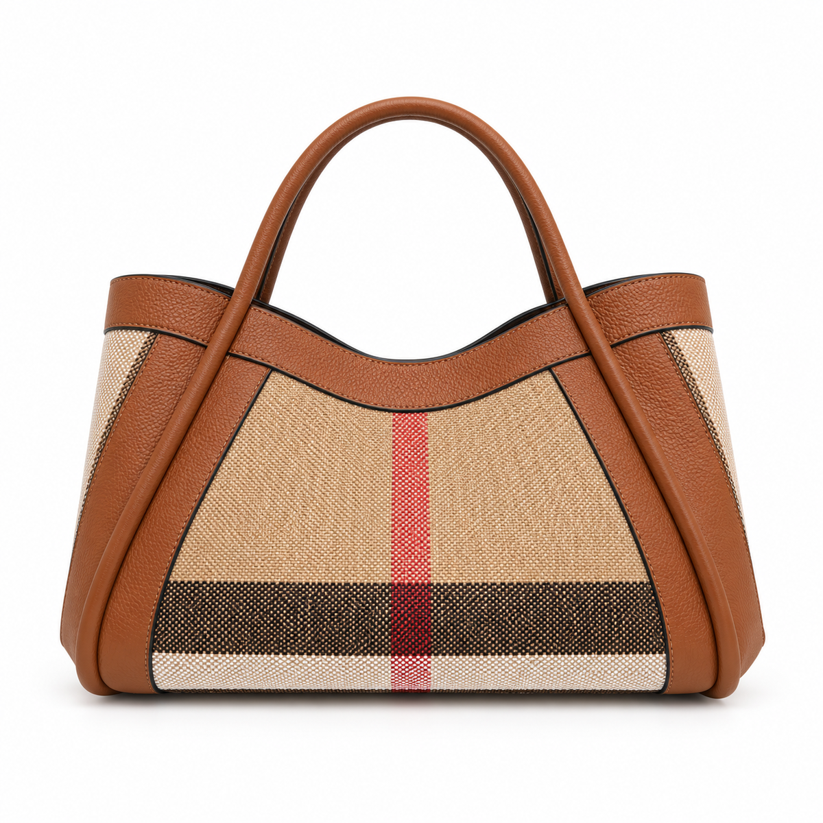Classic Plaid Leather Canvas Tote Bag