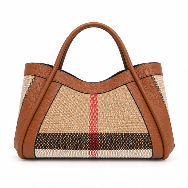 Classic Plaid Leather Canvas Tote Bag-10