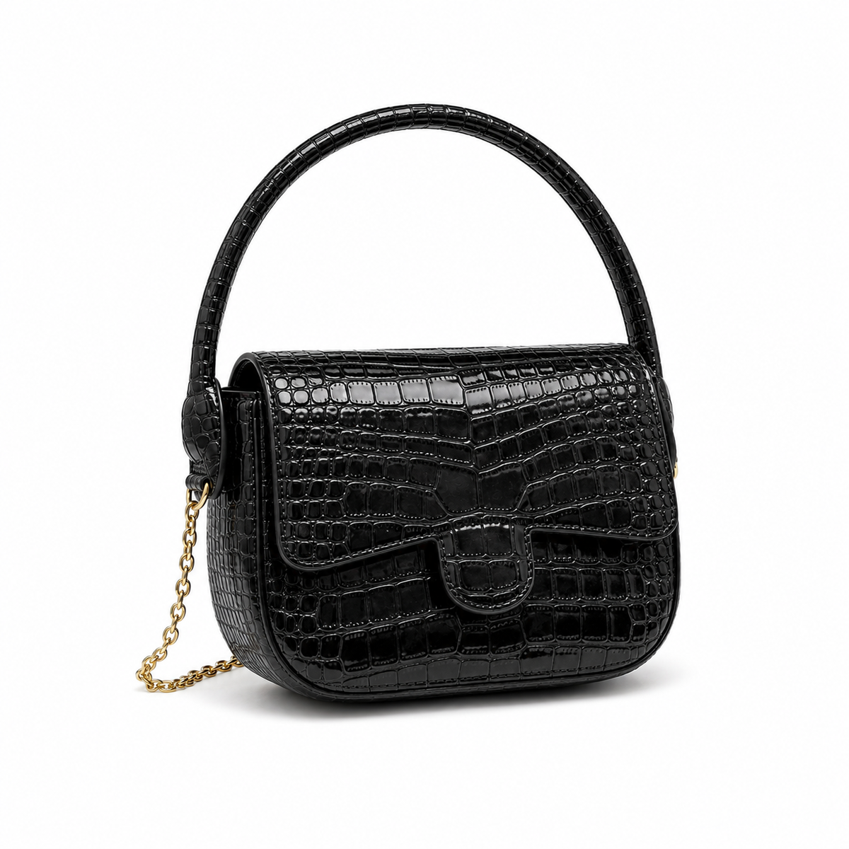 Black Crocodile-Embossed Top Handle Handbag-1