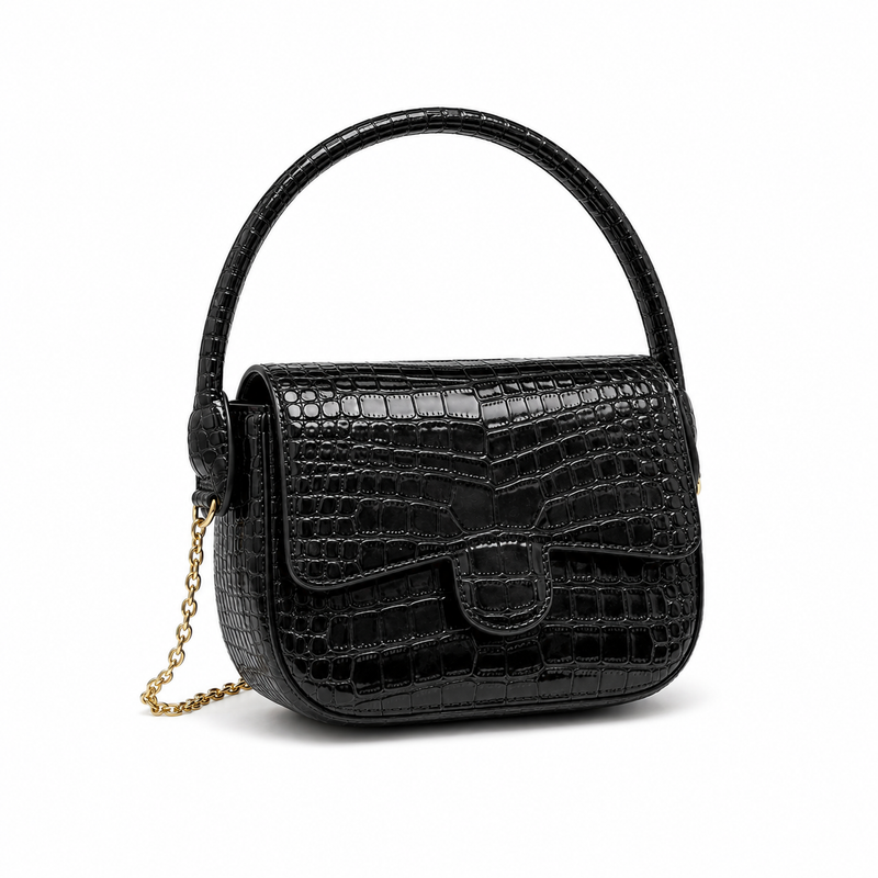 Black Crocodile-Embossed Top Handle Handbag-1