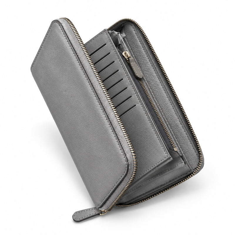 Classic Grey Leather Wallet With Zipper-1