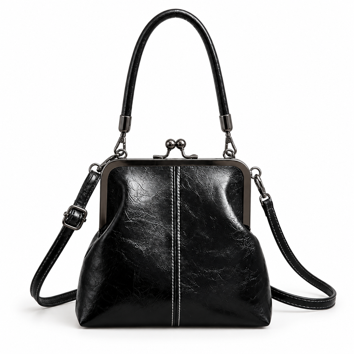 Vintage Black Kiss Lock Shoulder Handbag-3