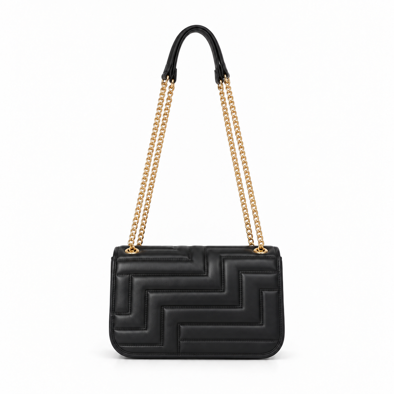 Black Quilted Chain Shoulder Handbag Purse-3