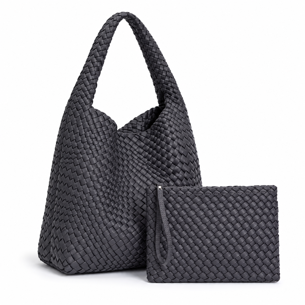 Charcoal Woven Hobo Bag With Pouch-1