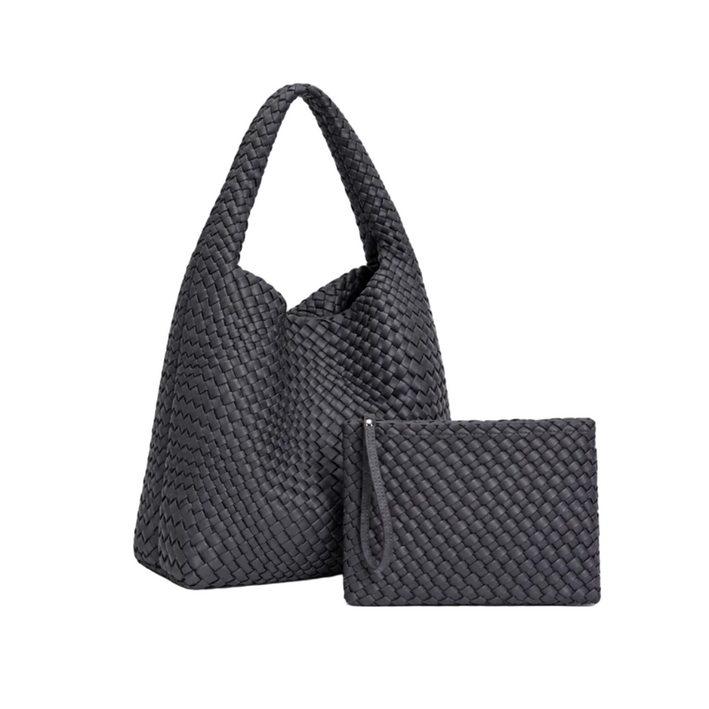 Charcoal Woven Hobo Bag With Pouch-1