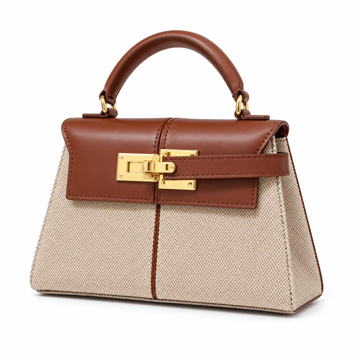 Classic Brown Leather Canvas Top Handle Bag-4