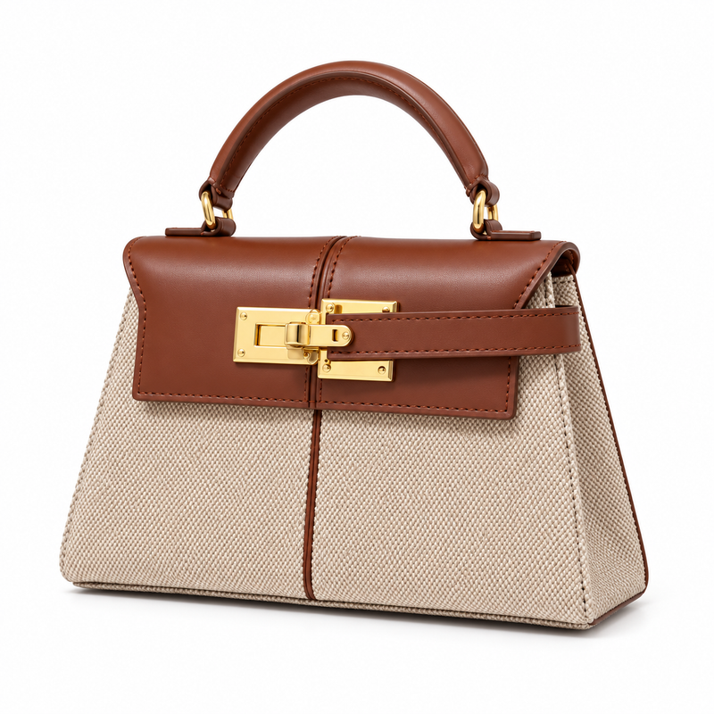Classic Brown Leather Canvas Top Handle Bag-4