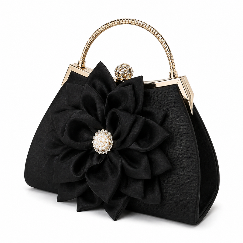 Elegant Black Floral Evening Handbag with Gold Handle and Pearl Accent-3