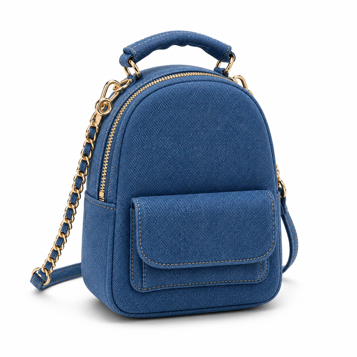 Blue Denim Mini Backpack Handbag with Gold Chain Strap-3